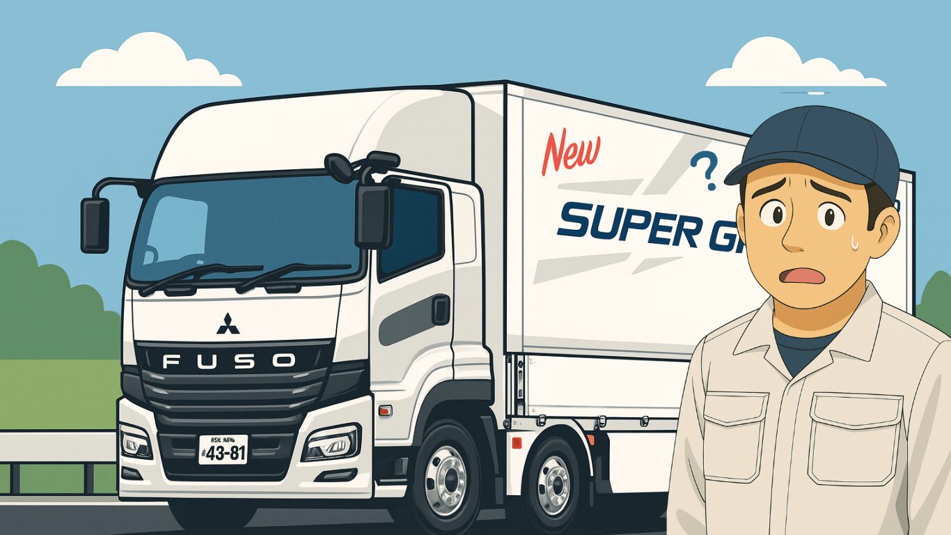 大型トラックの横で、仕事の大変さを想像して困り顔を見せる作業着の男性ドライバー