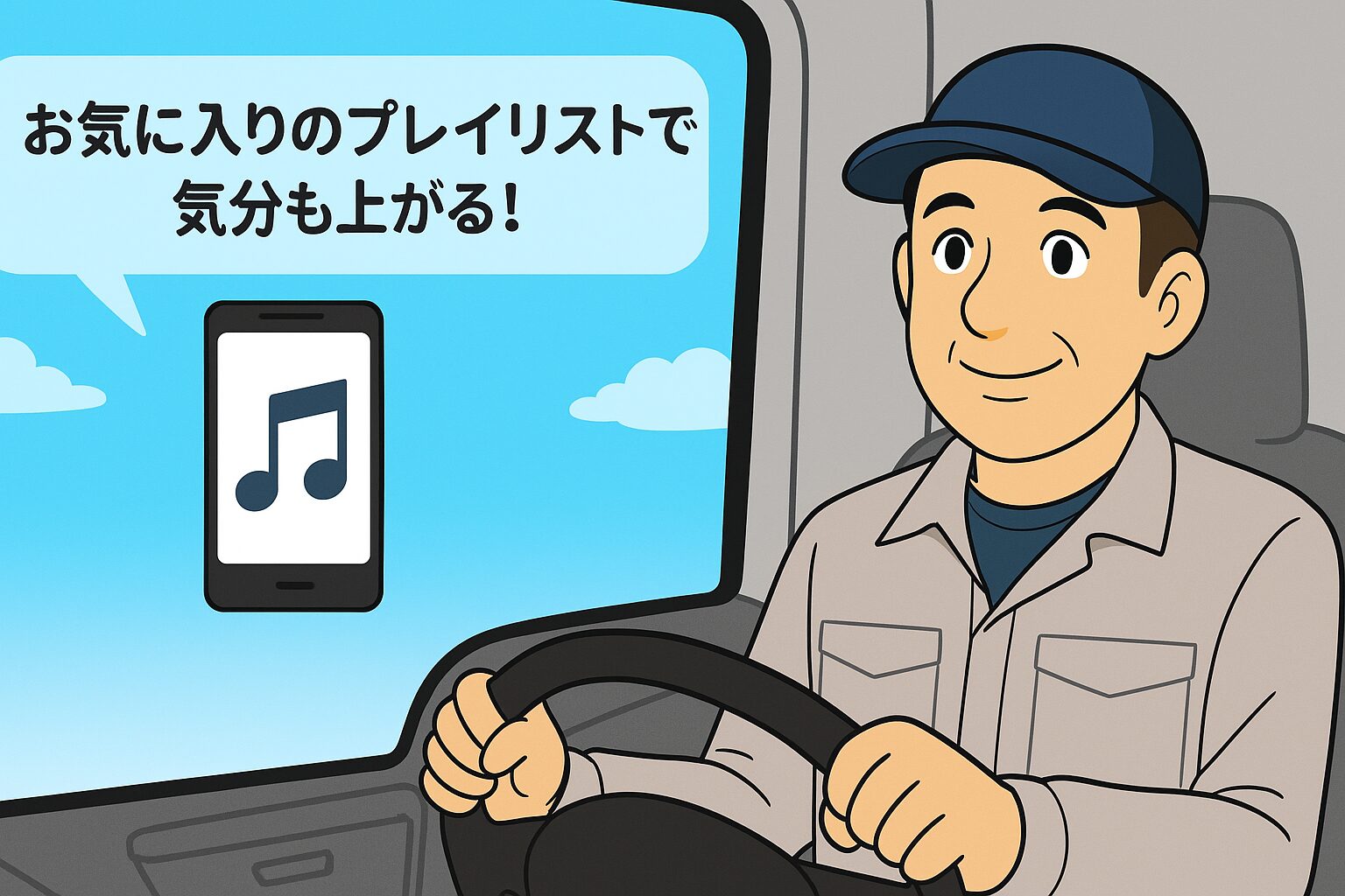 好きな音楽を聞きながら運転する長距離トラック運転手|プレイリストで気分も上がる