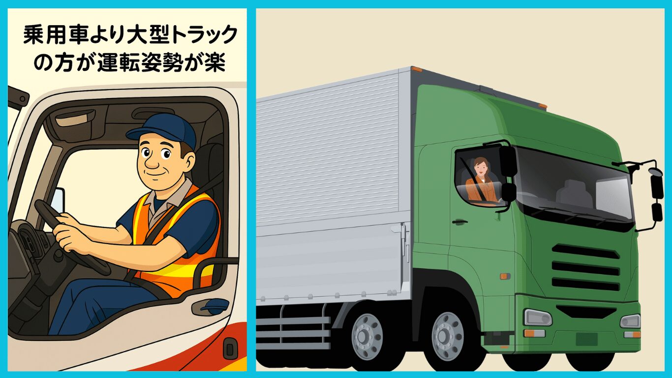 大型トラックを運転するドライバーの姿勢が楽な様子を描いたイラスト