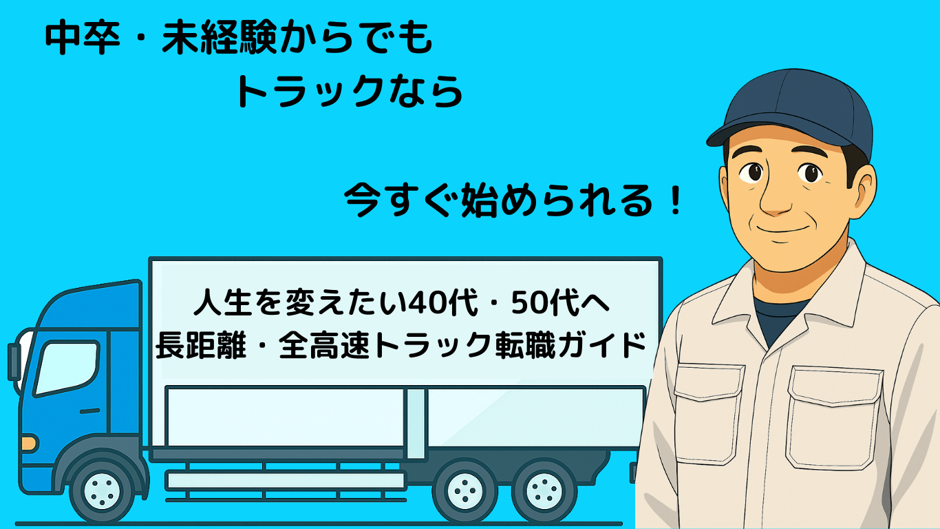 「中卒・未経験からでもトラックなら今すぐ始められる！」というメッセージと、大型トラックの横に立つ中年ドライバーのイラスト。40代・50代の転職可能な職業としての訴求。