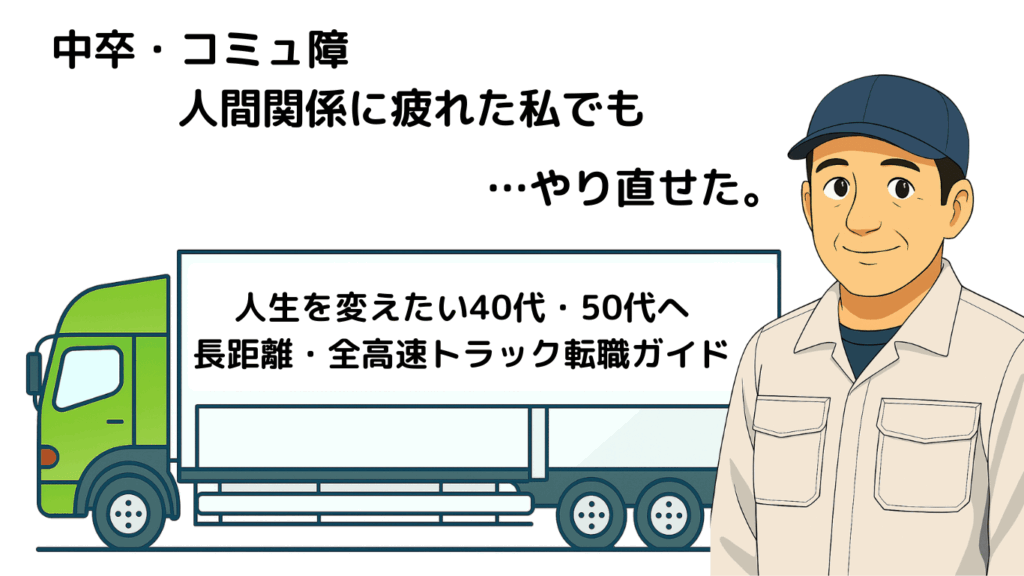 中卒やコミュ障で人間関係に疲れた人でも長距離トラック運転手としてやり直せた体験談を表すイラスト