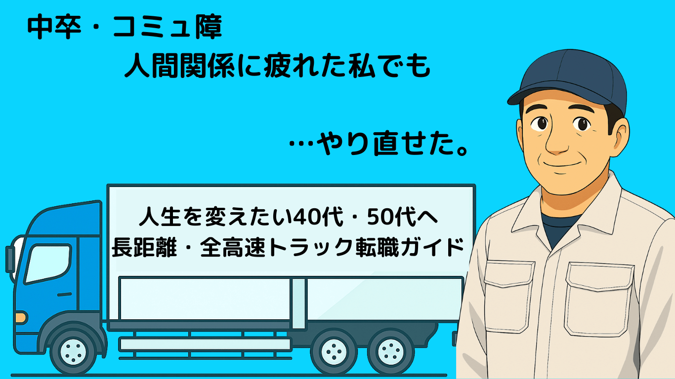 「中卒・コミュ障・人間関係に疲れた私でも…やり直せた。」というメッセージと、長距離トラックの横に立つ笑顔の中年ドライバーのイラスト。再スタートを象徴する構成。