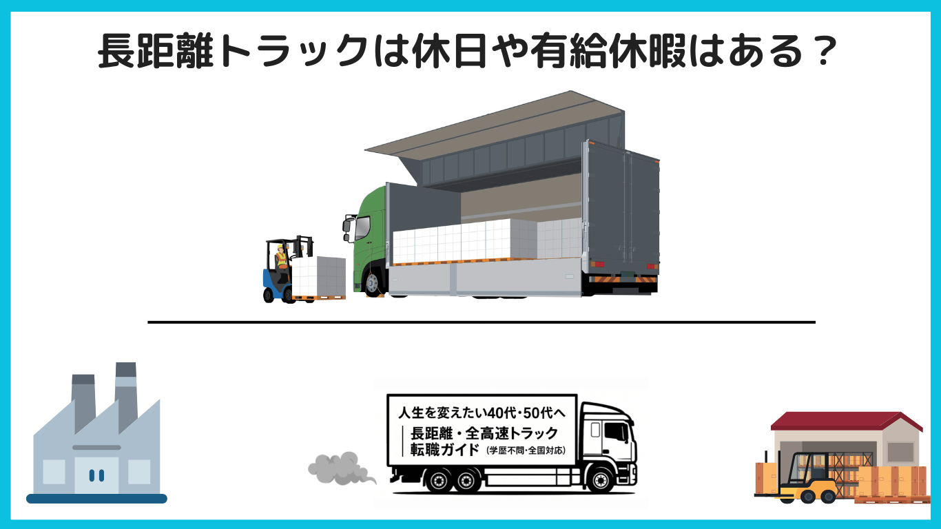 長距離トラック運転手の業務や休日のイメージ図。荷積み・荷降ろしや長距離運転の様子を通じて、運転手の労働時間と休暇の現実を視覚的に表現している。