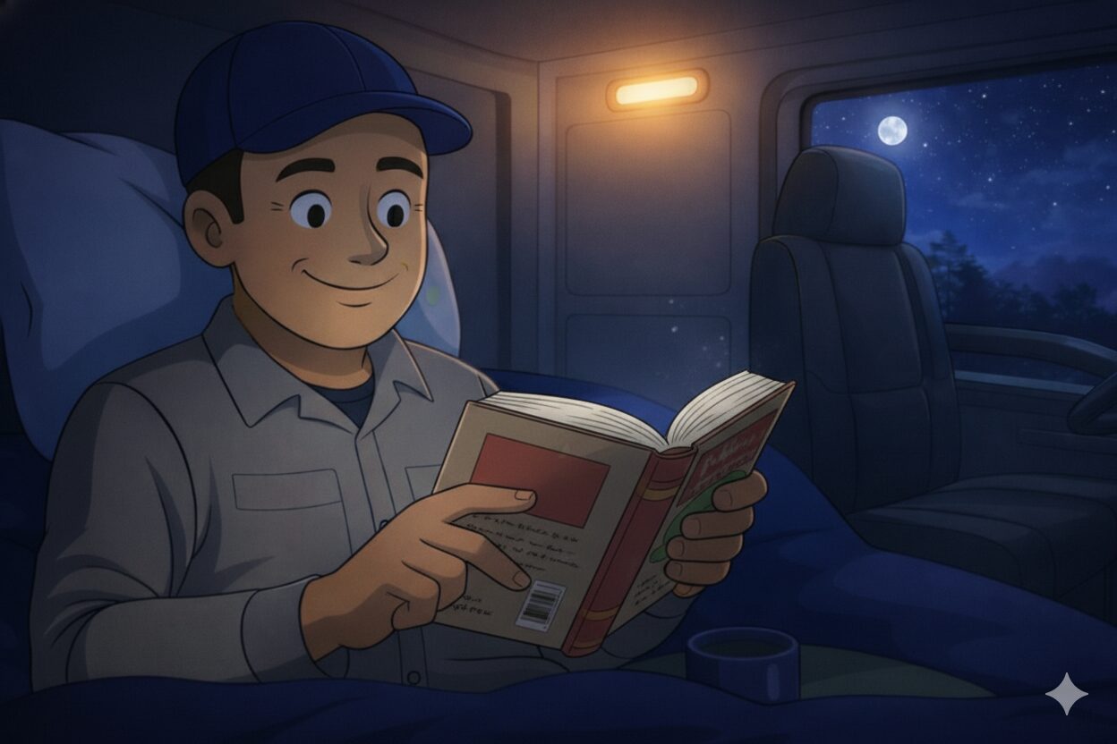 トラックの運転席で読書をしながら車中泊を楽しむ男性のイラスト