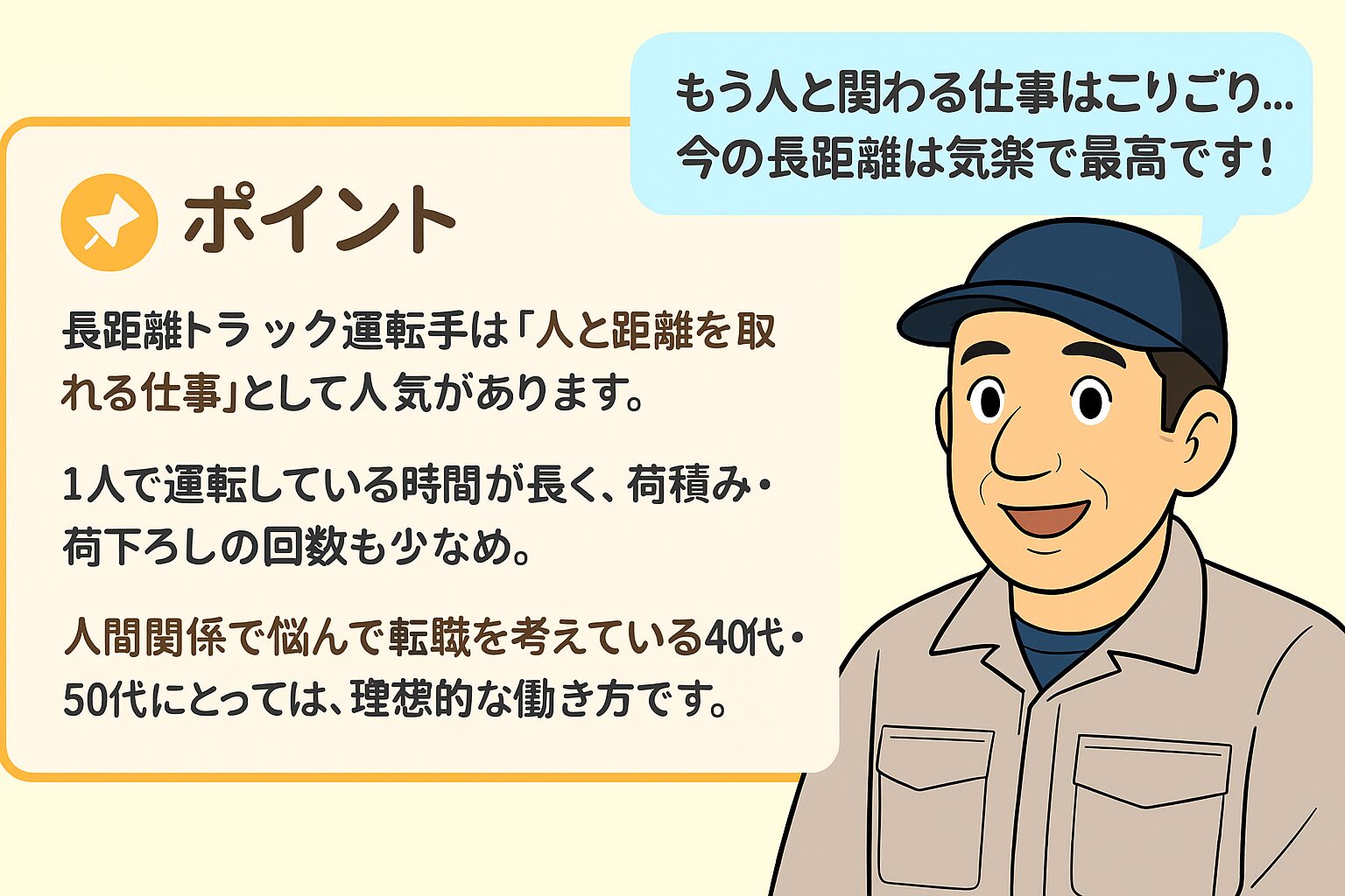 人との関わりが少ない仕事として人気の長距離トラック運転手のイラスト。気楽な働き方を紹介するセリフ付き。