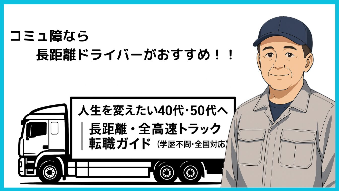 「コミュ障におすすめの仕事として長距離トラックドライバーを紹介する男性ドライバーのイラスト」