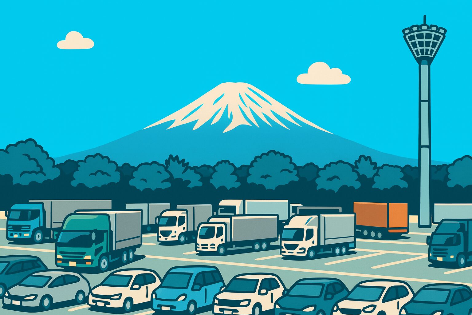 富士山を背景にしたサービスエリアのトラック駐車場。長距離トラックや乗用車が並ぶ風景。
