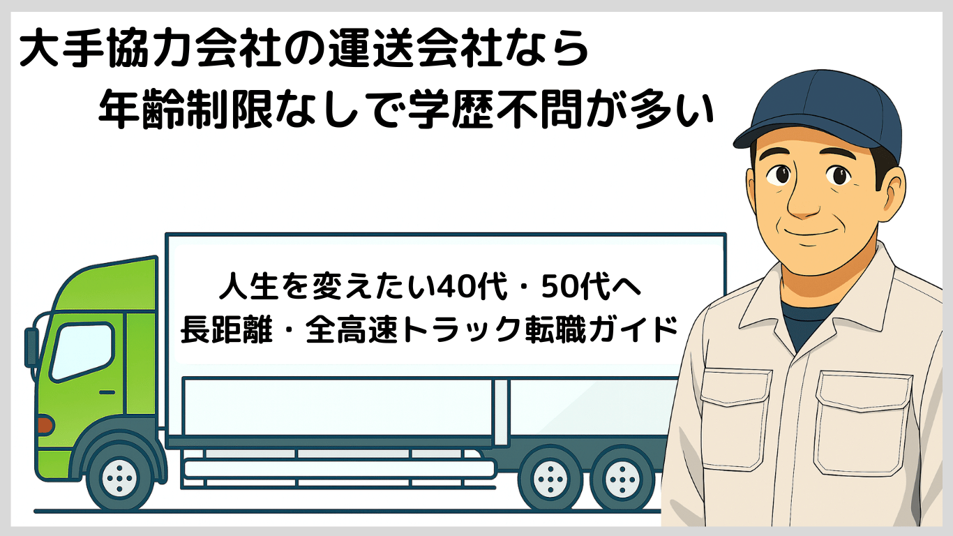 大手協力会社の運送会社なら年齢制限や学歴不問で働けることを説明する長距離トラック運転手のイラスト