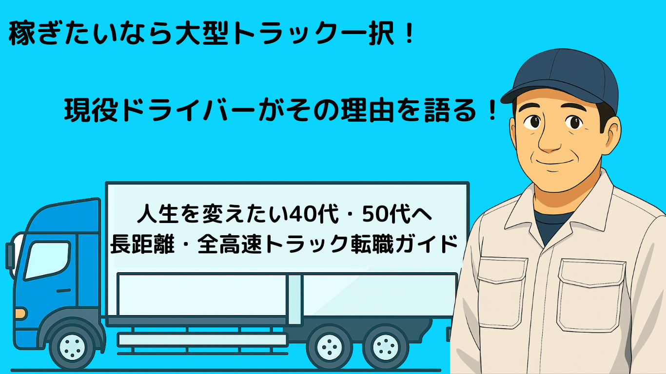 長距離ドライバーへの転職を考える40代・50代に大型トラックを勧める男性ドライバーのイラスト