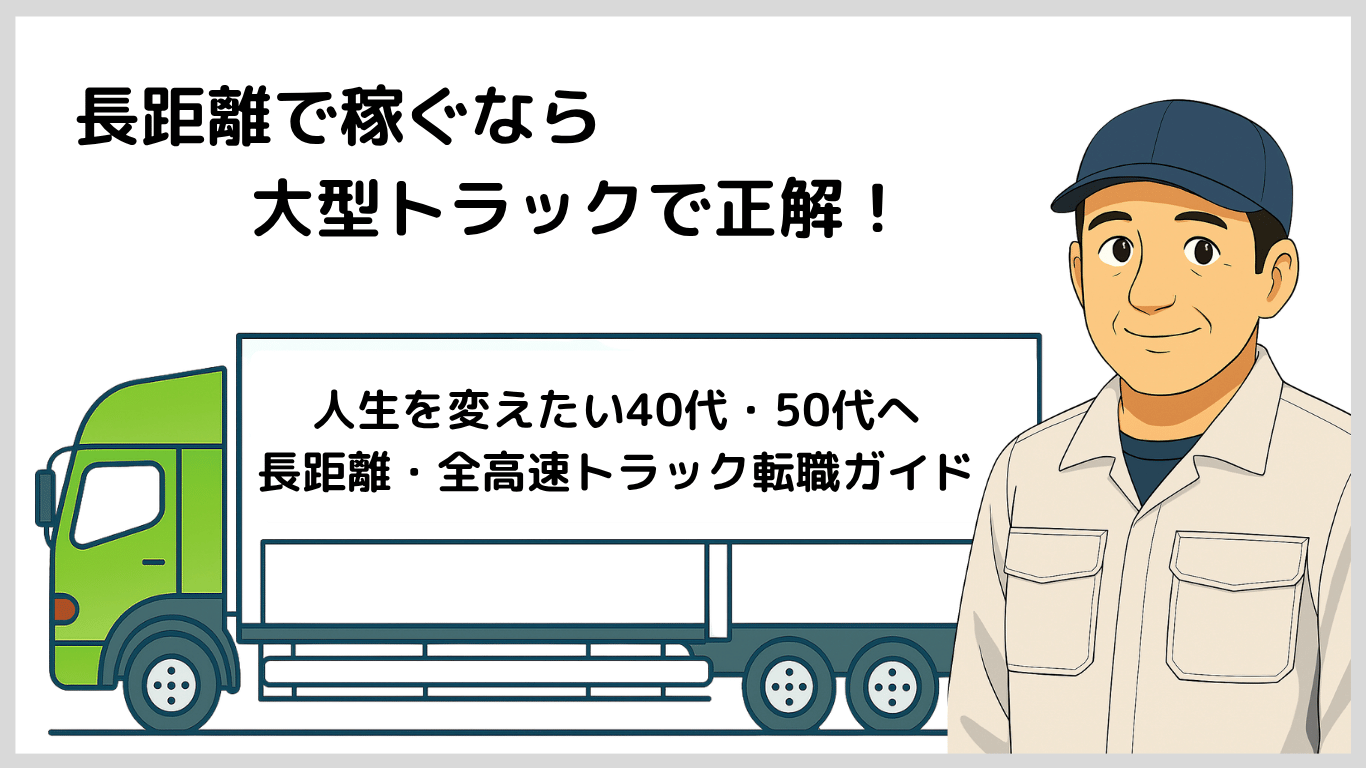 長距離で稼ぐなら大型トラックがおすすめという内容を解説する記事用イラスト。緑色の大型トラックと笑顔のドライバーのイメージ。
