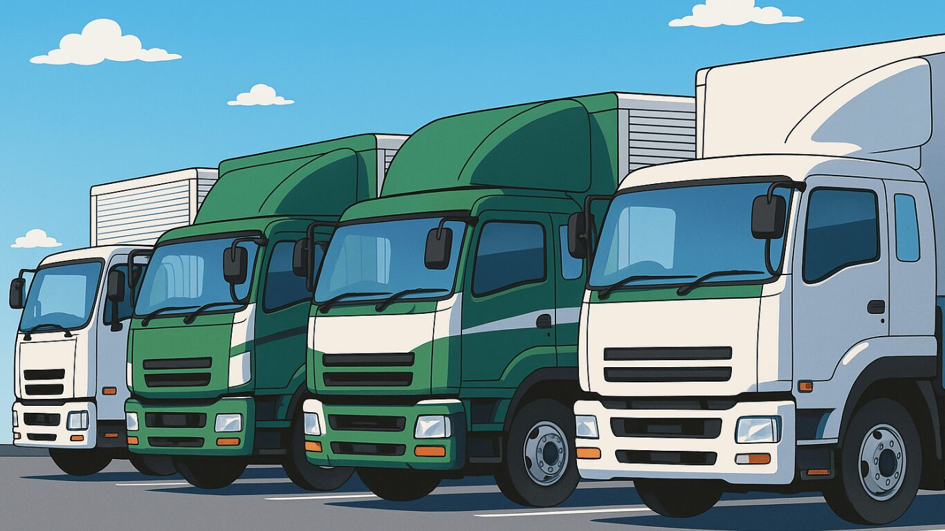 駐車場にずらりと並ぶ複数の大型トラックのイラスト。長距離ドライバーに大型車両がおすすめされる理由を伝えるための視覚素材。