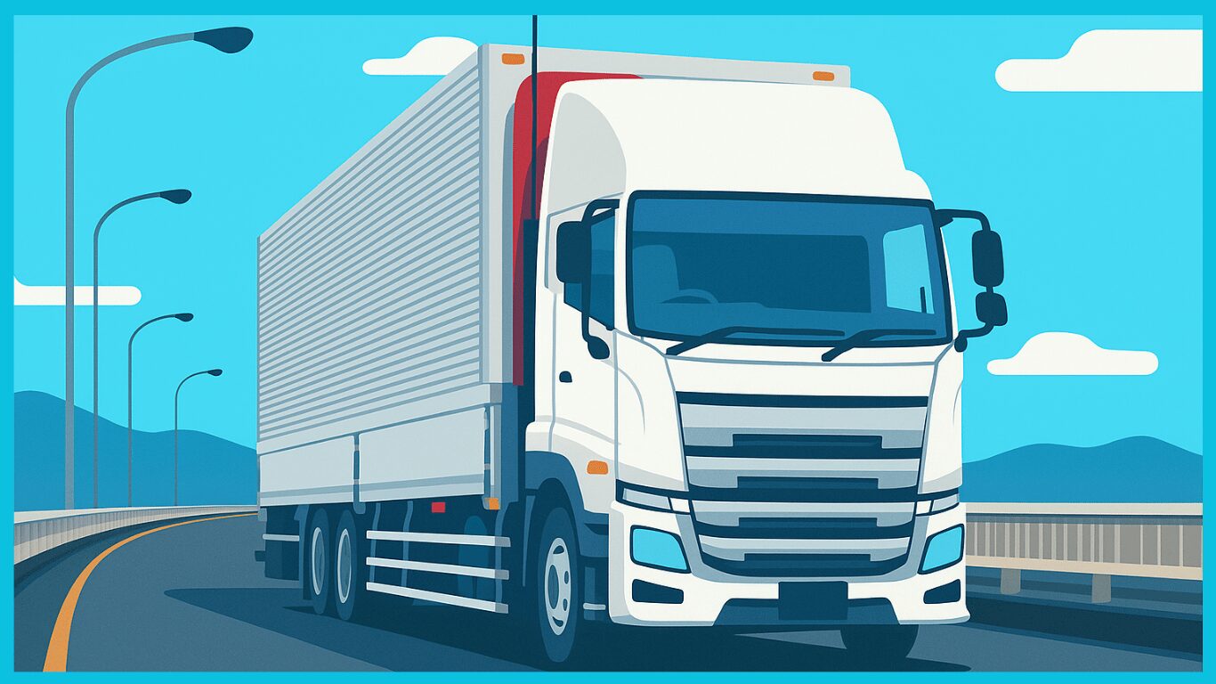 高速道路を走る大型トラックのイラスト。長距離ドライバーへの転職をイメージ
