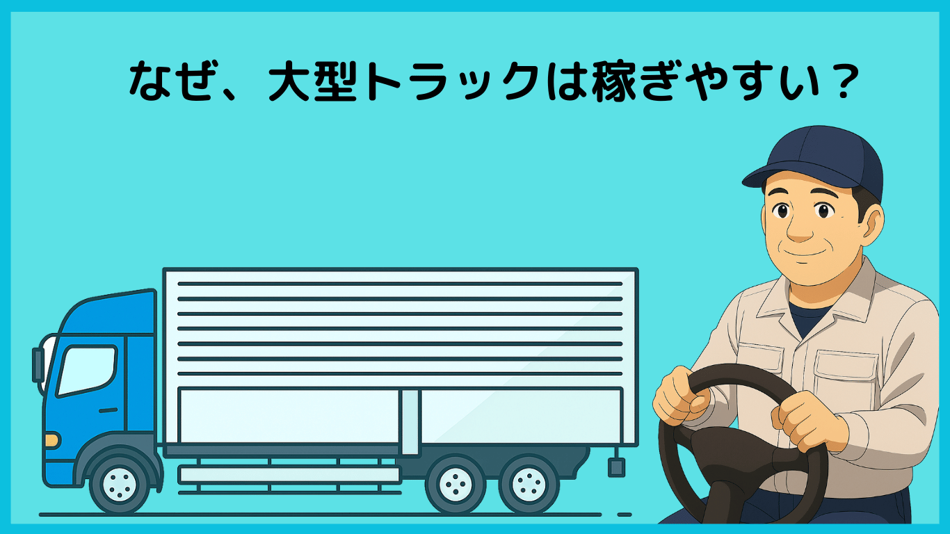 大型トラックに乗って笑顔でハンドルを握る長距離ドライバーのイラスト|稼げる理由を表現