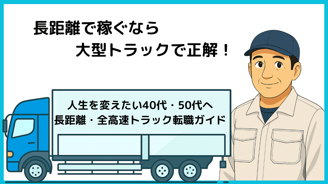 長距離で稼ぎたい40代・50代向けの大型トラック転職ガイドを紹介するイラスト