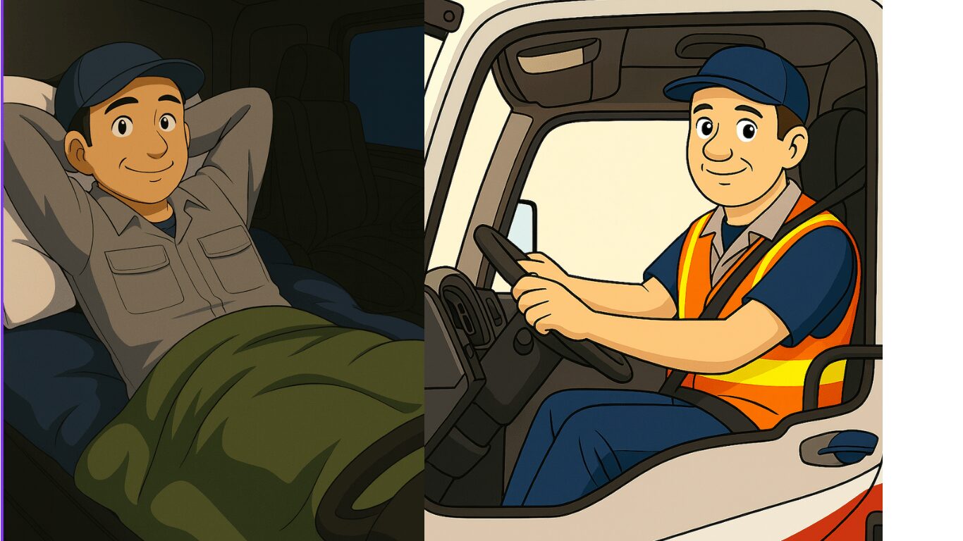 長距離トラック運転手が仮眠と運転を繰り返してエコノミー症候群のリスクにさらされている様子