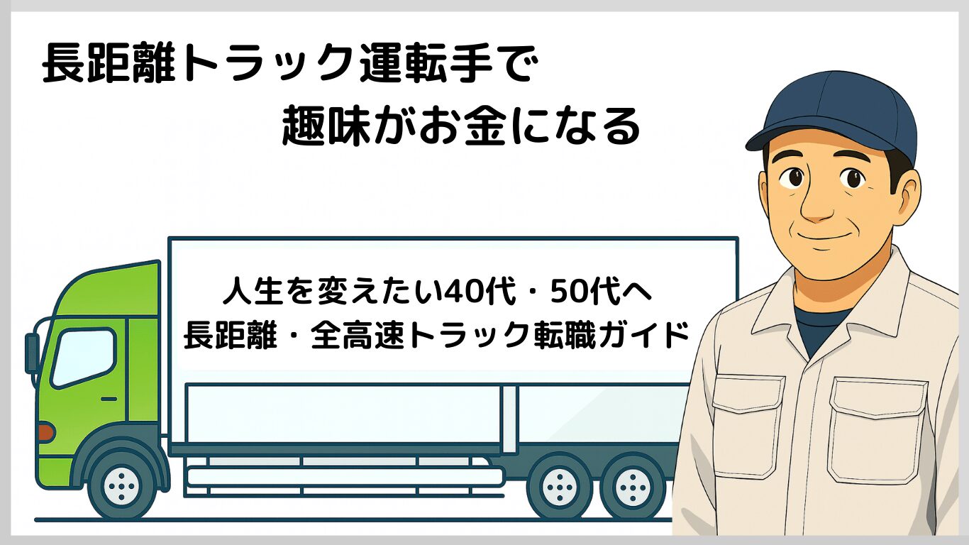 長距離トラック運転手で趣味がお金になることを解説するまとめイラスト。作業服の男性と緑の大型トラックのイメージ。
