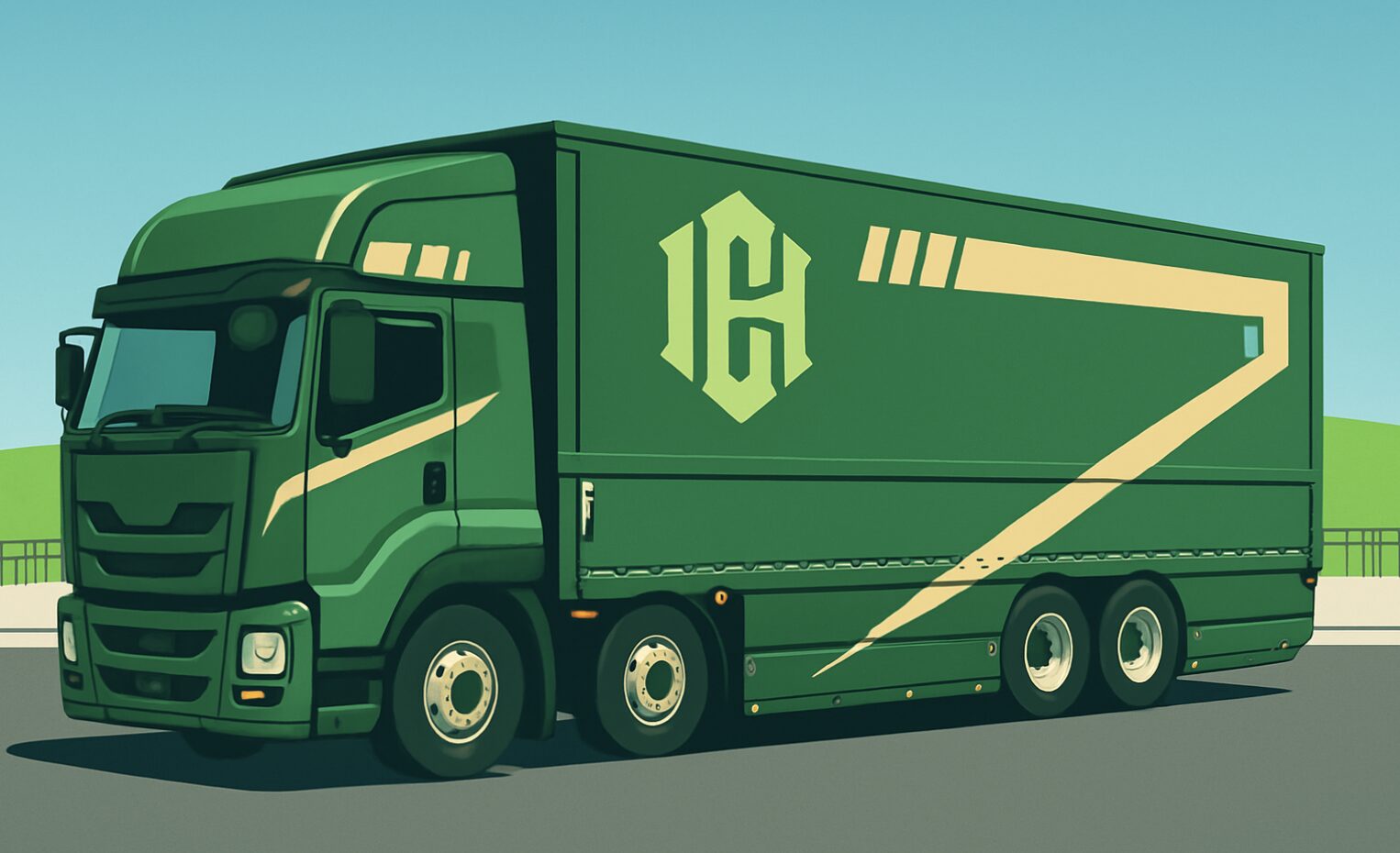運転が好きな人に長距離トラック運転手がおすすめな理由を伝える緑色の大型トラックのイラスト