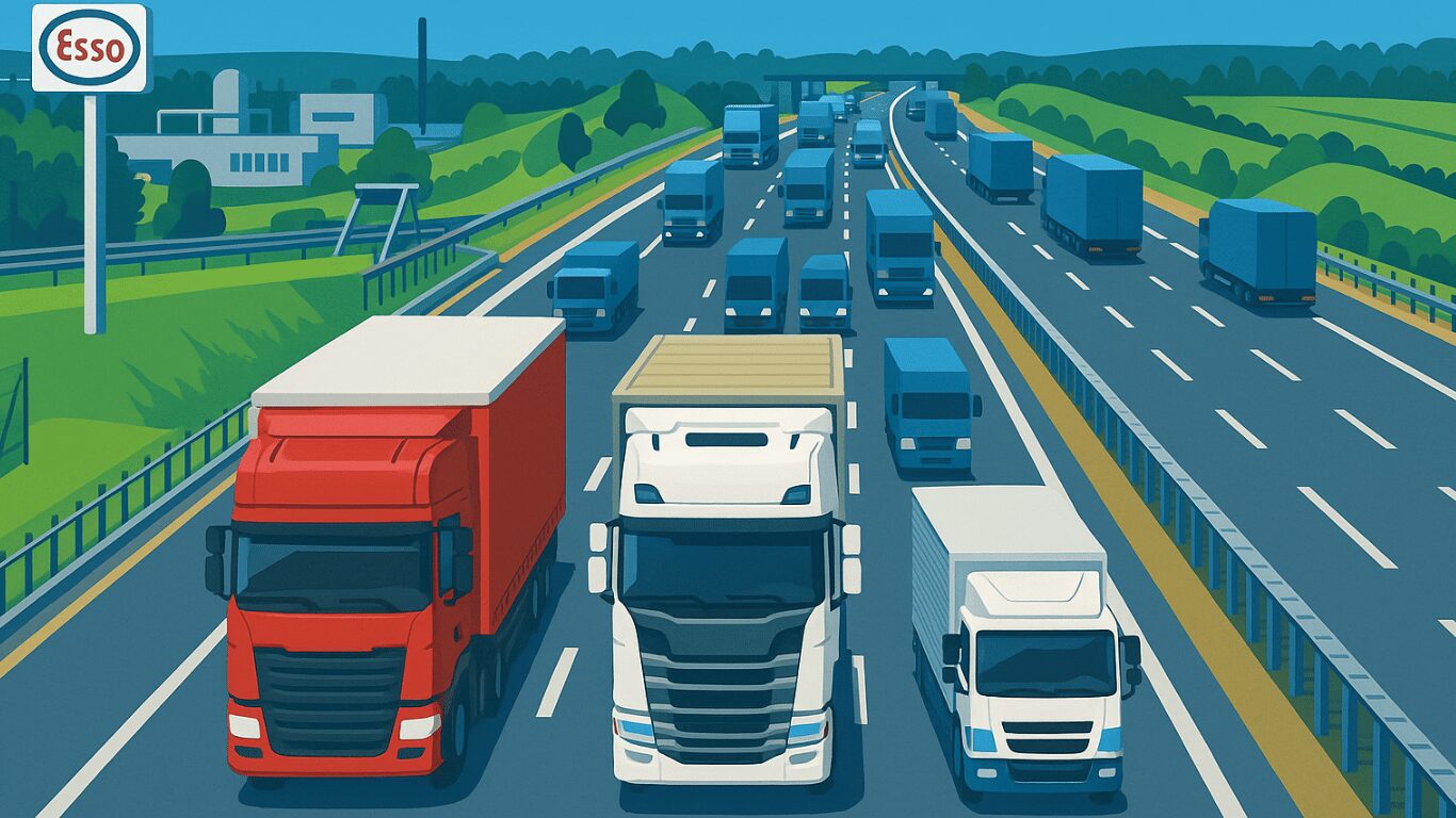 日本の高速道路を走る多数の大型トラックのイラスト|車両台数の多さを示すイメージ