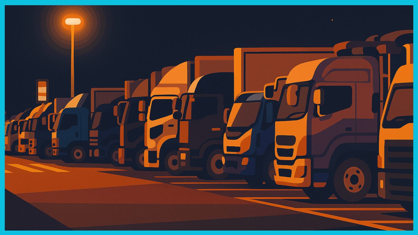 夜のパーキングエリアに整然と並ぶ大型トラックのイラスト|長距離運転の休憩風景