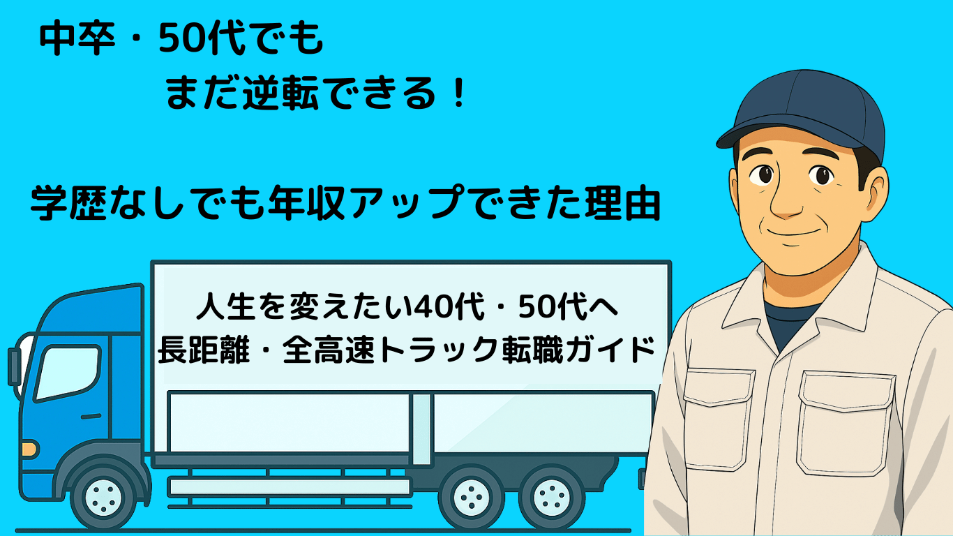 「中卒・50代でもまだ逆転できる!学歴なしでも年収アップできた理由」と書かれた画像。大型トラックと中年男性ドライバーのイラスト付きで、実体験を語る内容を強調。
