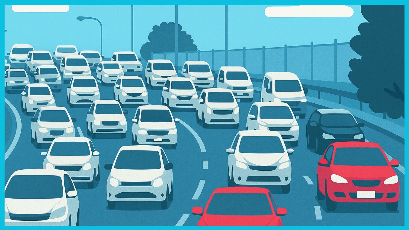 朝の渋滞で混雑する道路。長距離トラック運転なら通勤回数が減ってストレスも軽減できるイメージ。
