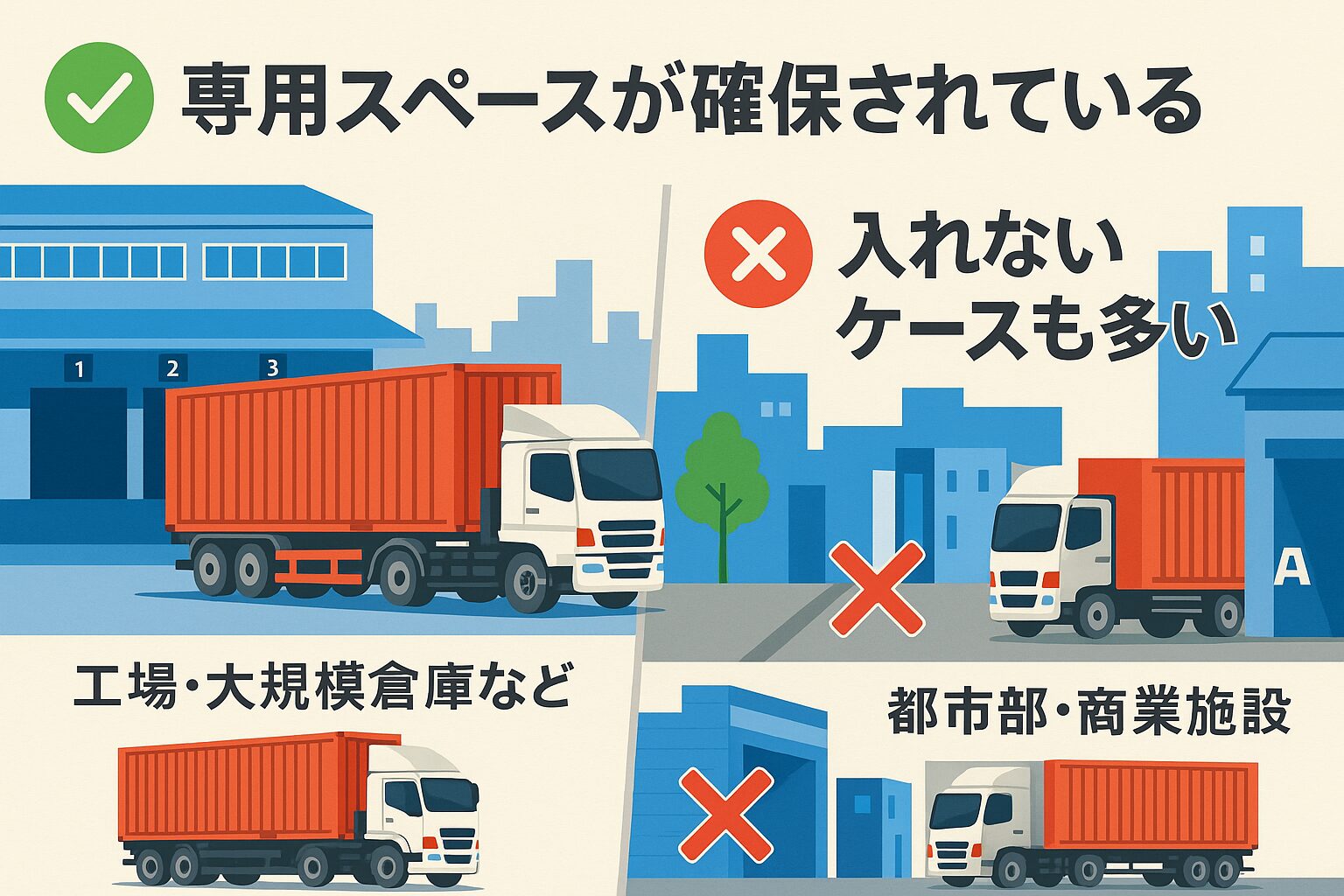 トレーラーは工場や倉庫には入れるが、都市部や商業施設には進入できないことが多いことを示すイラスト