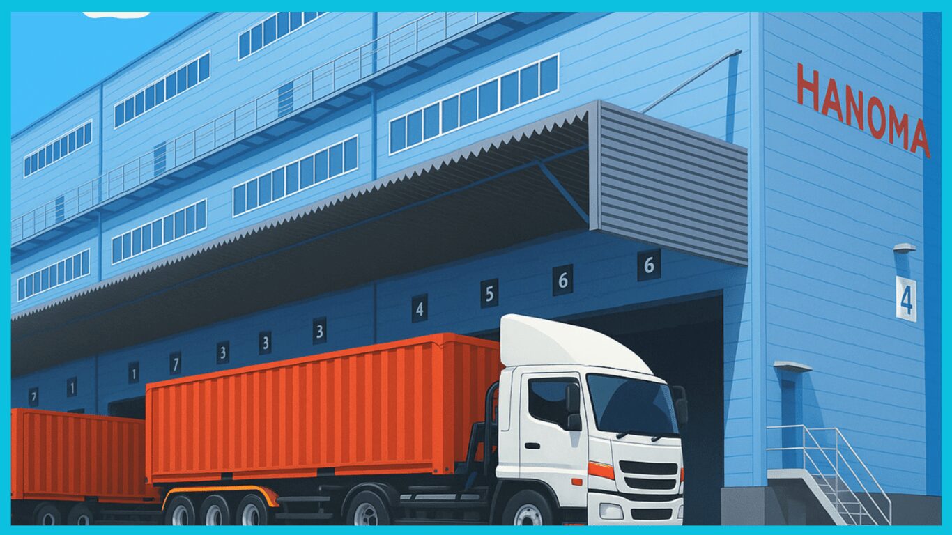 倉庫のバースに停車して荷下ろしを待つトレーラーのイラスト|高い運転技術が求められる場面