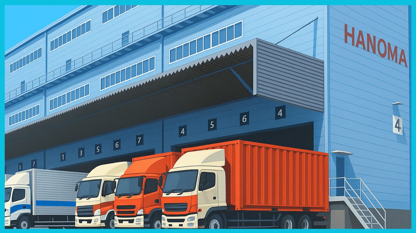 複数のトラックやトレーラーが倉庫のバースに停車している様子|運転技術の高さを示すイメージ