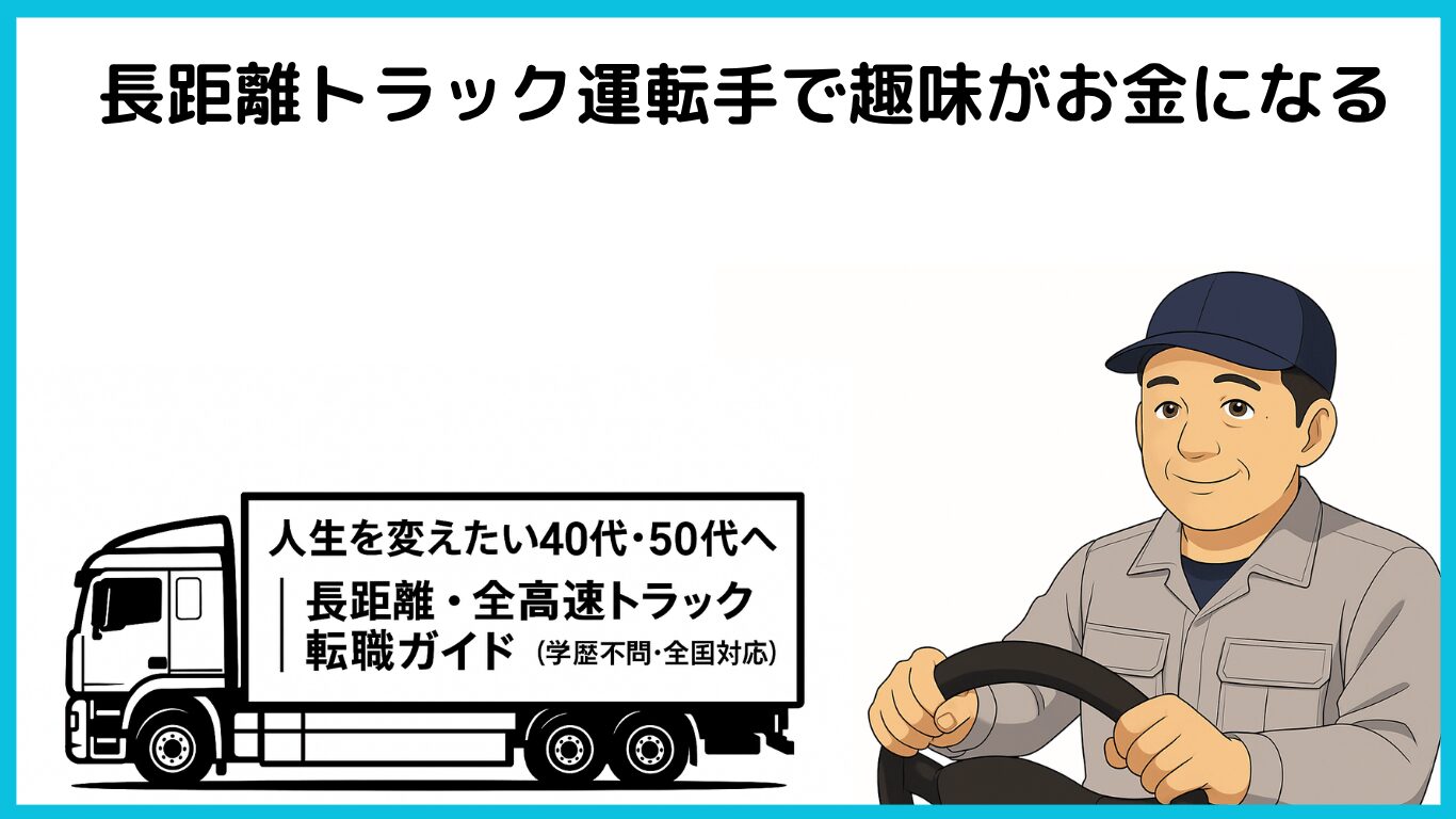 トラックを運転する中年男性ドライバーと「長距離・全高速トラック転職ガイド」の広告。運転好きの趣味がお金になることを示すイメージ。