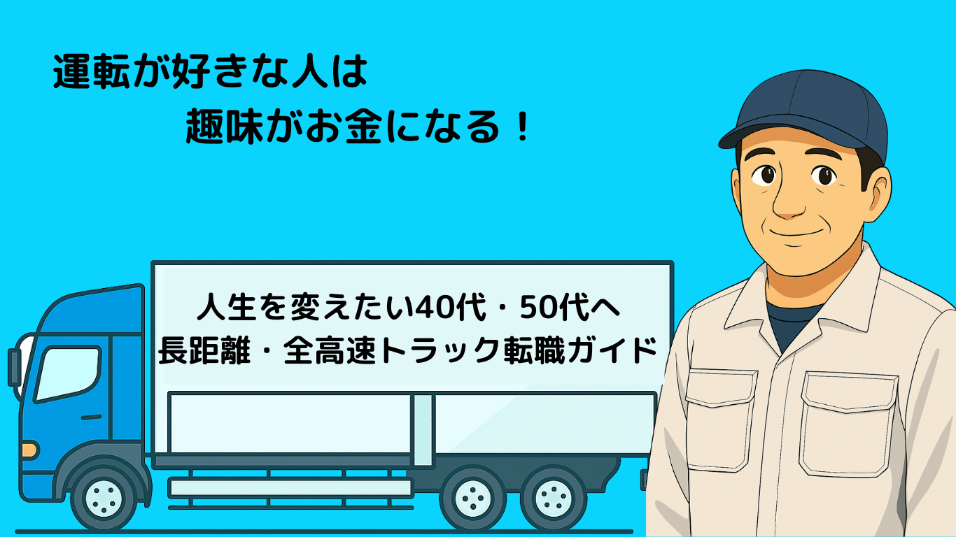 「運転が好きな人は趣味がお金になる！」というメッセージと、中年男性ドライバーが笑顔で立つイラスト。長距離トラック転職ガイドの広告が描かれたトラックも登場。