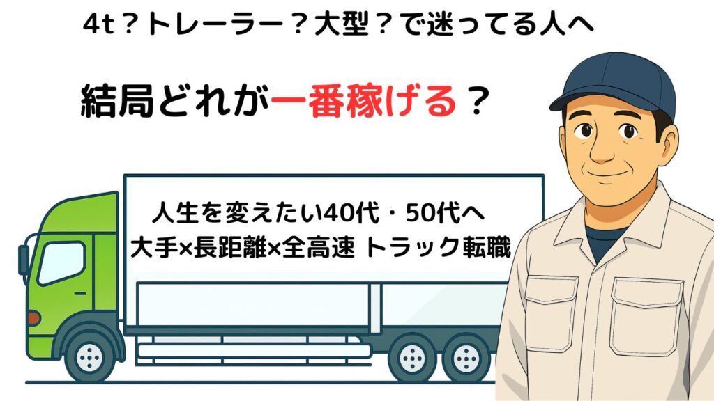 大型トラック・4t・トレーラーどれが一番稼げるか比較する40代50代向け転職イメージ