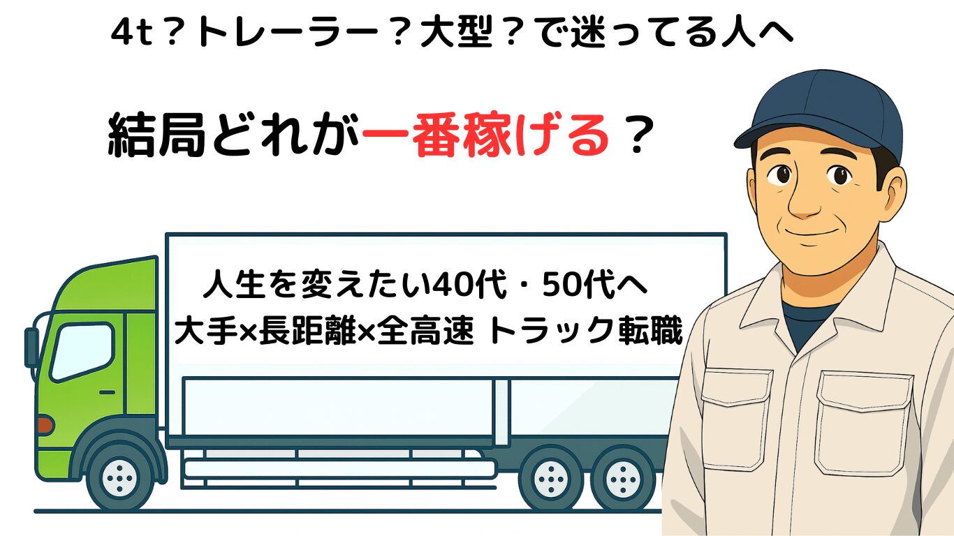大型トラック・4t・トレーラーどれが一番稼げるか比較する40代50代向け転職イメージ