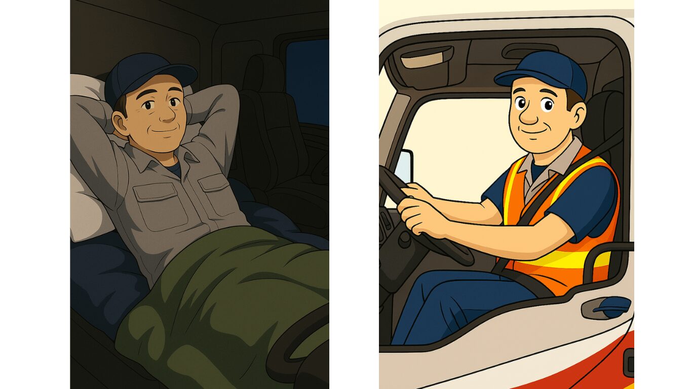 トラックの車内で仮眠を取る運転手と、運転中の運転手のイラスト。長時間同じ姿勢が続くことでエコノミー症候群のリスクが高まることを示唆。