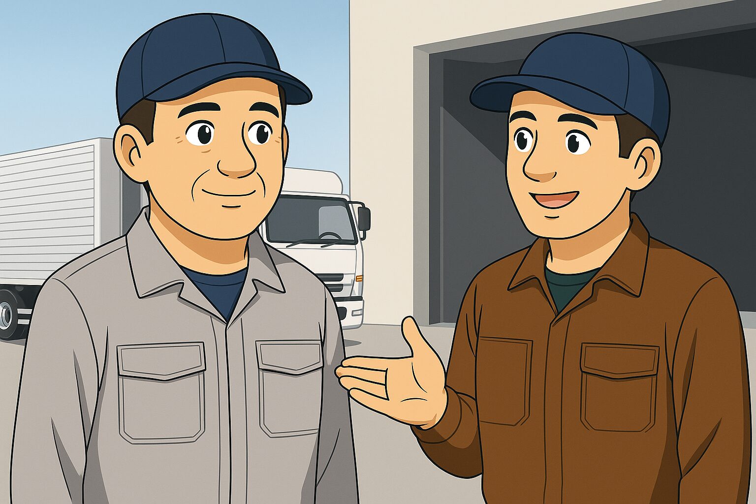 荷下ろし先で情報交換する2人のトラック運転手。地元のおすすめグルメや観光スポットを教えてもらっている場面のイラスト