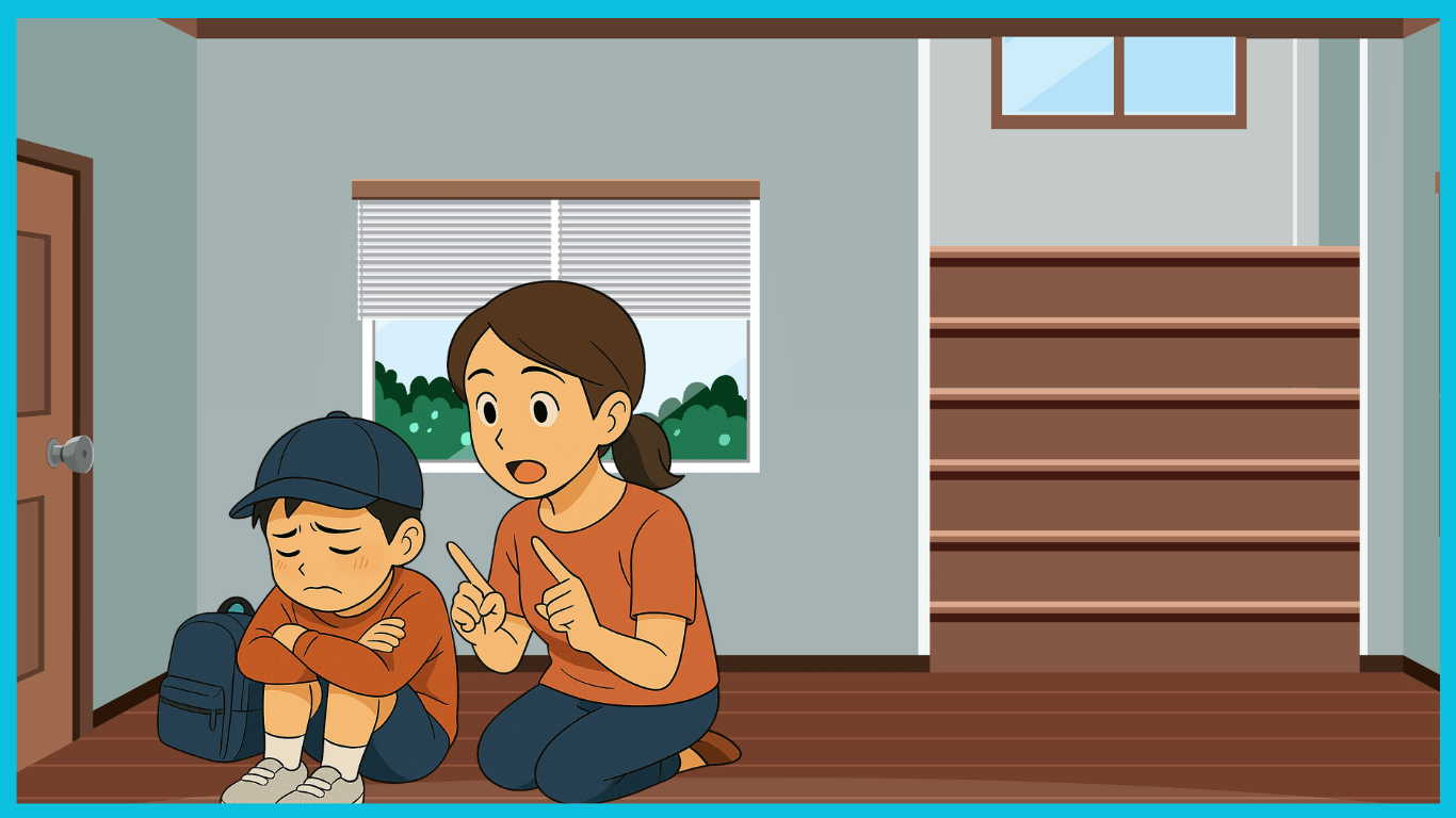 登校前に不安そうな子どもと話しかける母親のイラスト｜集団生活や登校しぶりの悩みを表現