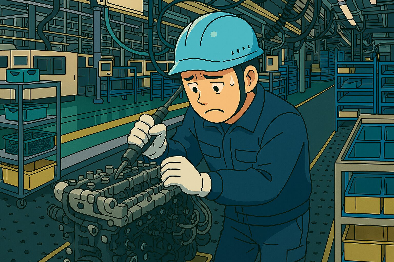 自動車工場でエンジンを組み立てながら苦悩する作業員のイラスト｜製造現場の厳しさを描写
