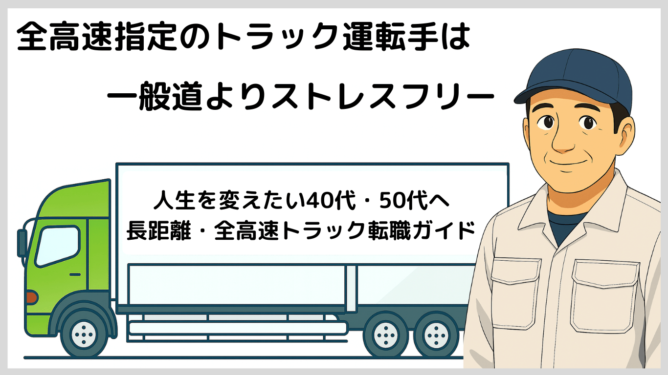 高速指定の長距離トラック運転手は一般道より渋滞や信号待ちが少なく、ストレスが軽減される働き方を表すイラスト。