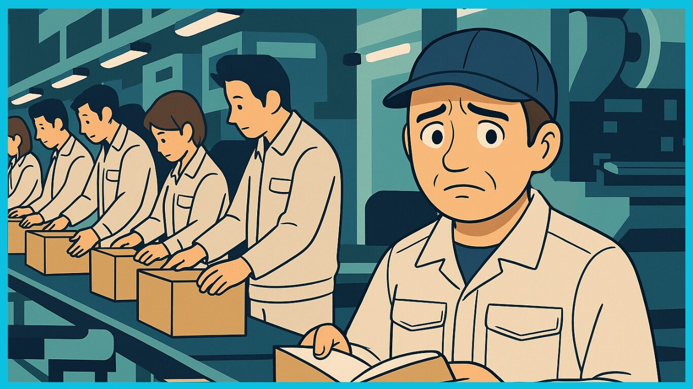 工場のライン作業で単調な作業を繰り返しながら時間の流れが遅く感じている作業員の様子。
