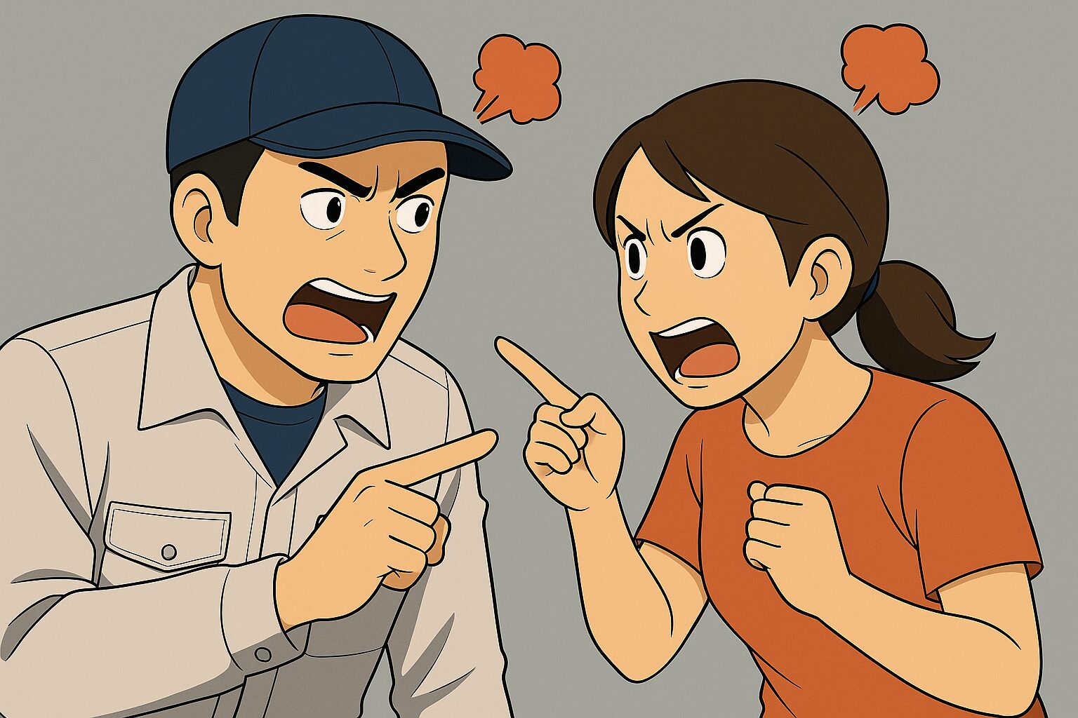 夫婦喧嘩のシーン。怒った表情の男女が指を差し合って口論している様子。