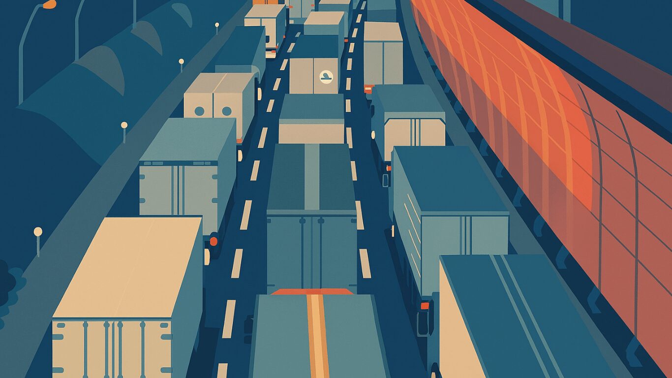 高速道路上でトラックが多数渋滞している様子を俯瞰で描いたイラスト。通行止めや混雑の状況を表現
