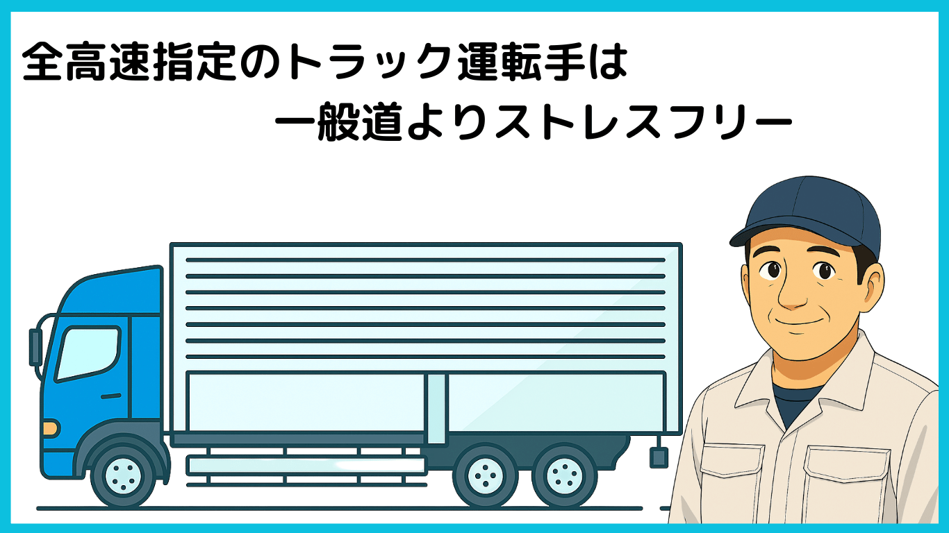 全高速指定で走行するトラック運転手がストレス少なく働けることを表したイラスト
