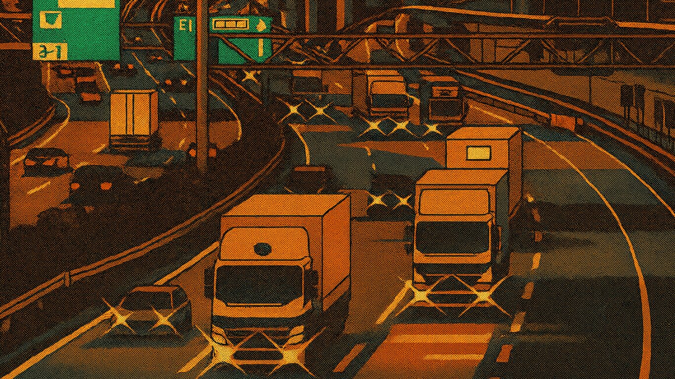 夜間の高速道路を走行するトラックのイラスト。到着時間が予測しやすい長距離運転を表現