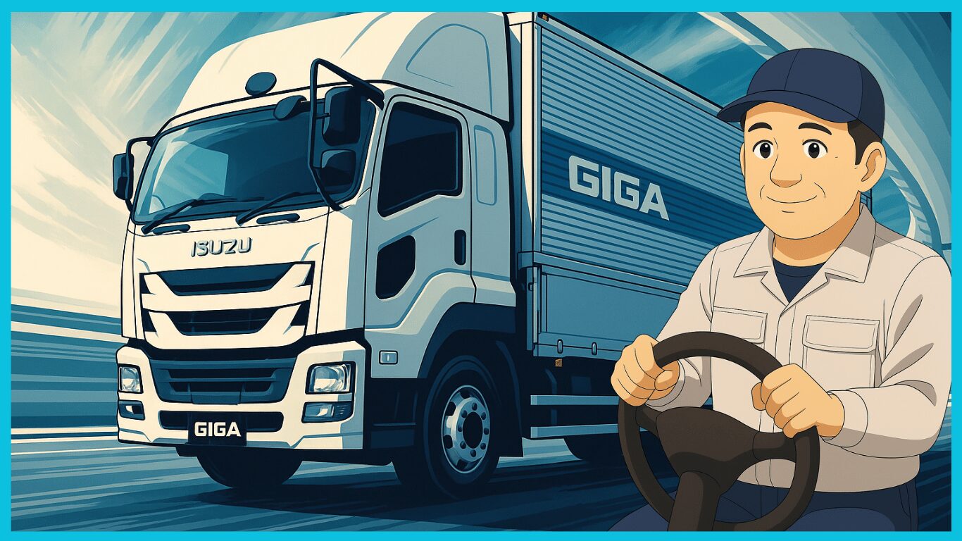 いすゞGIGAの大型トラックと笑顔のドライバーのイラスト｜長距離輸送イメージ
