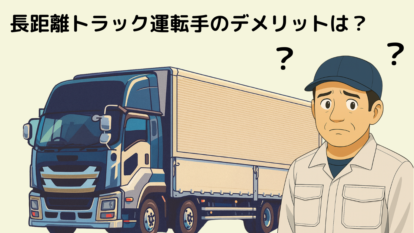 長距離トラック運転手の労働時間や孤独などのデメリットを解説するイラスト