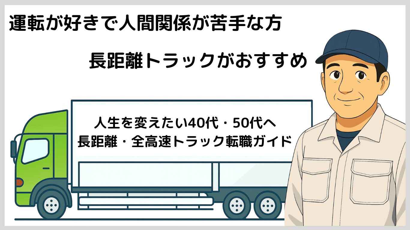 運転が好きで人間関係が苦手な方に長距離トラック運転手をおすすめする記事用イラスト。笑顔のドライバーと緑の大型トラック。