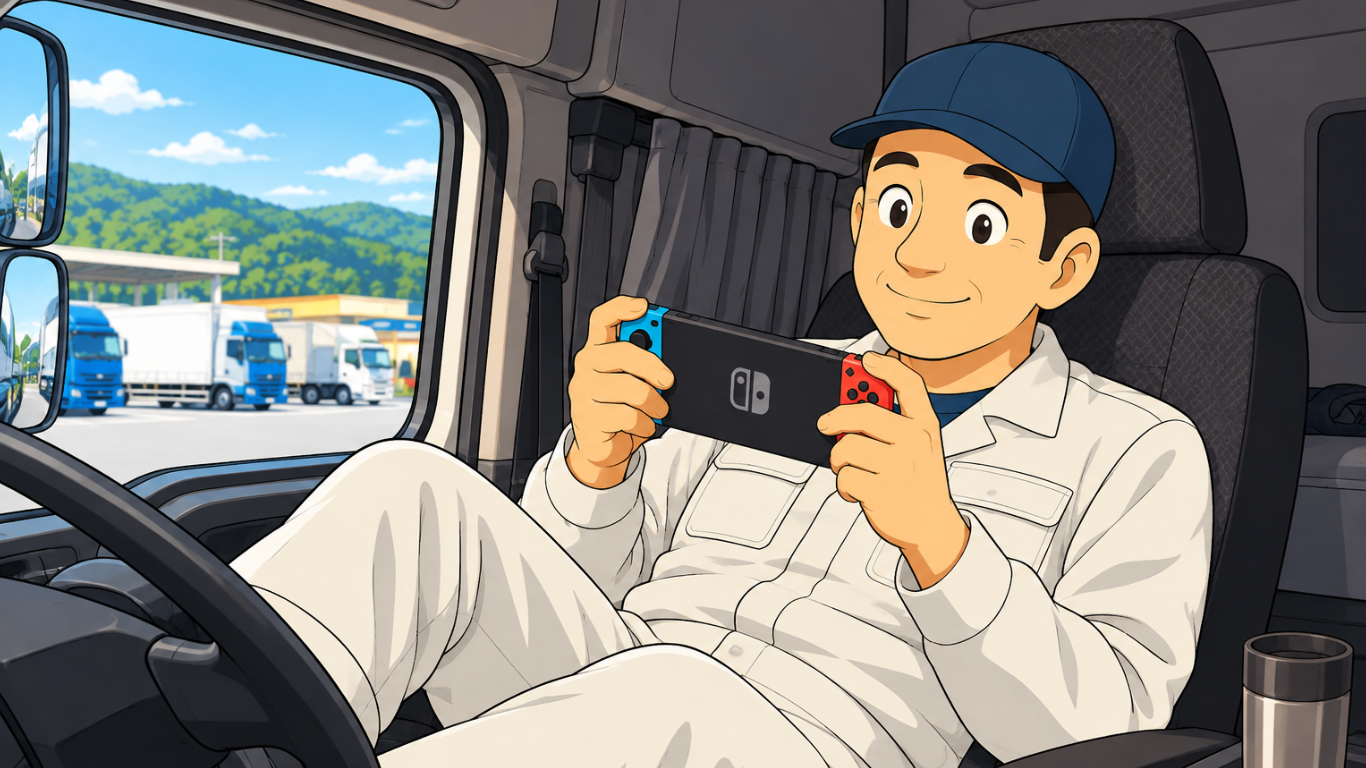 長距離トラック運転手が運行先で自由時間を楽しむ様子。トラックの車内でゲームをして休憩するドライバー