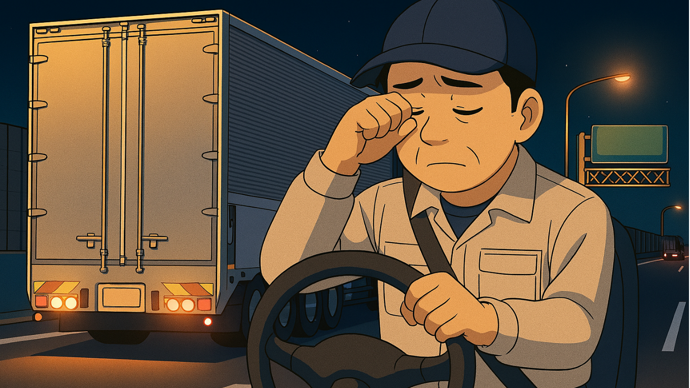 深夜の高速道路を走る長距離トラック運転手が睡魔に襲われているイラスト