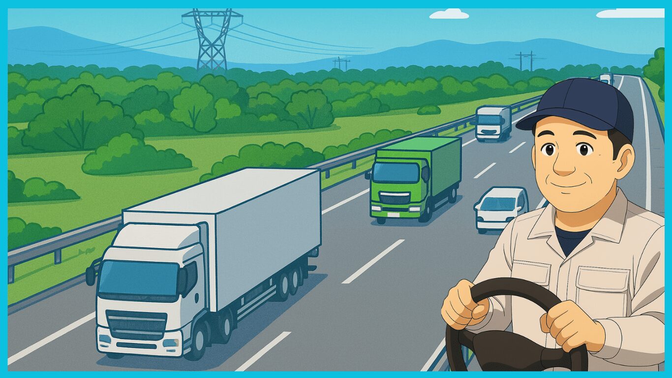 高速道路を走行するトラックと笑顔で運転するドライバー。人間関係のストレスが少ない長距離トラック運転手のイメージ。
