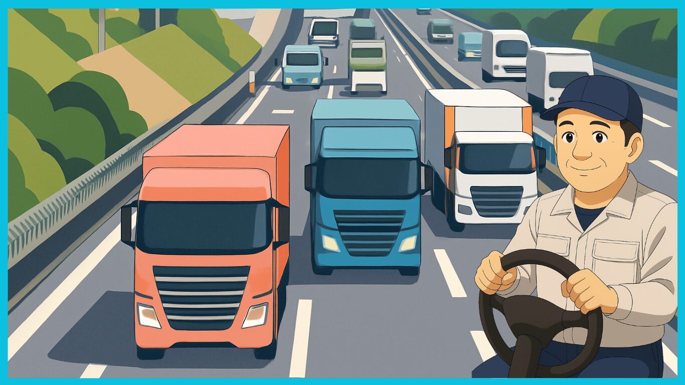 高速道路を走行する多数の長距離トラックと笑顔のトラック運転手のイラスト