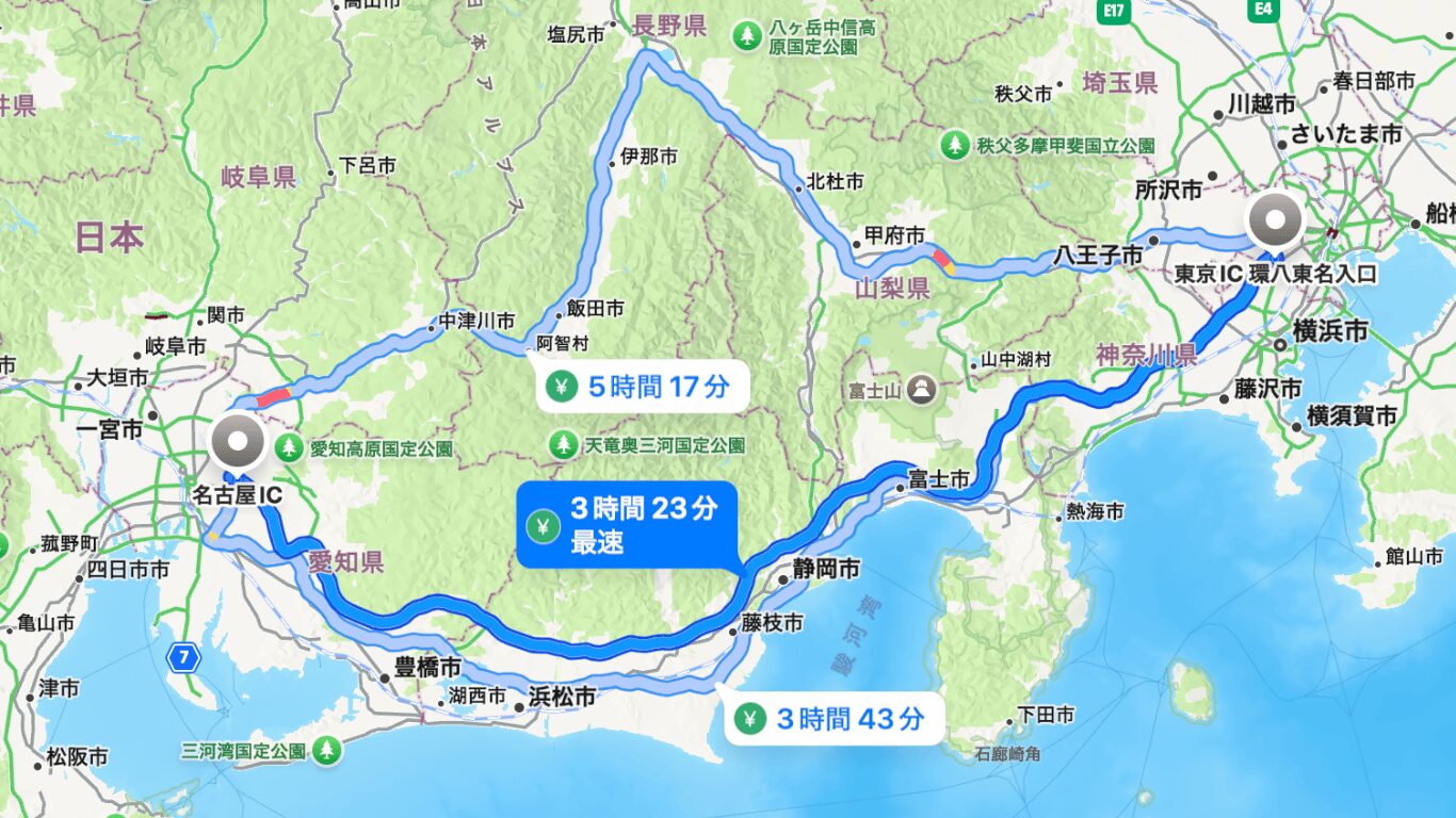名古屋ICから東京ICまでの複数のルートと所要時間を比較した地図。中央道・新東名などを経由するルートが表示されている
